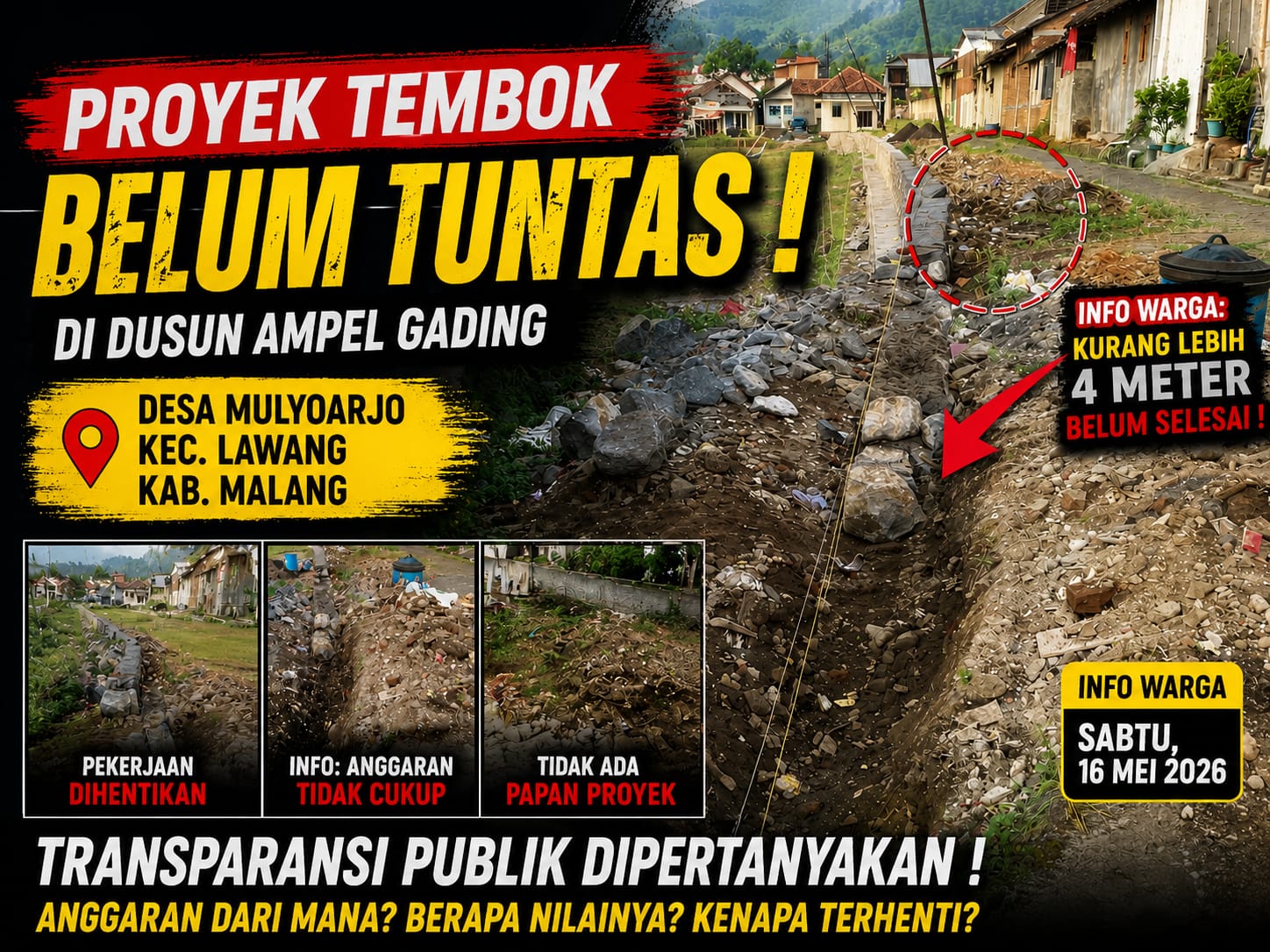 Proyek Tembok Desa Mulyoarjo Disorot, Pekerjaan Belum Tuntas dan Minim Informasi Anggaran